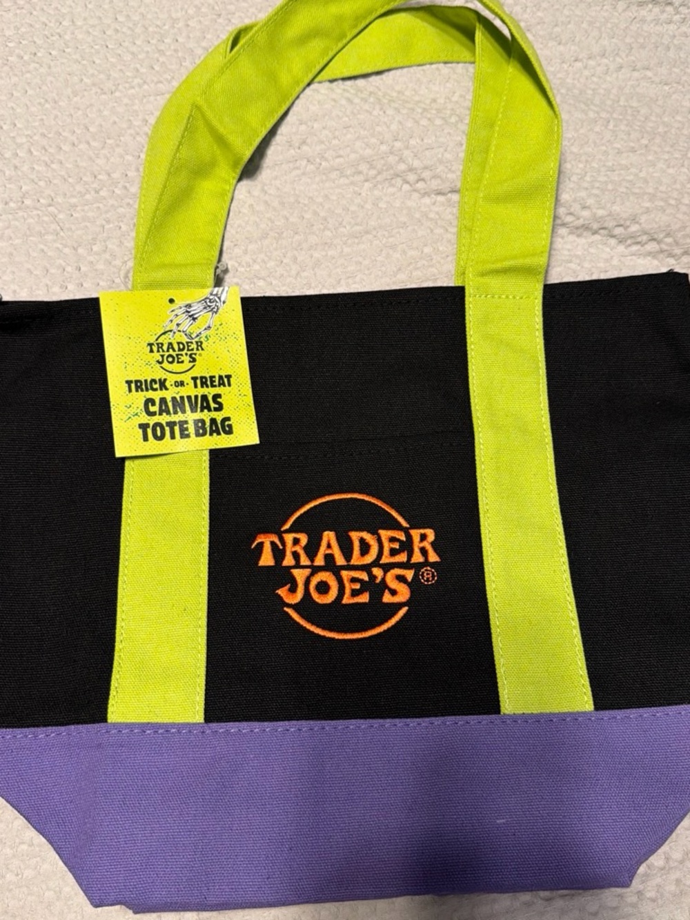 Trader Joe’s Black Canvas Tote with Lime Handles and Purple Base